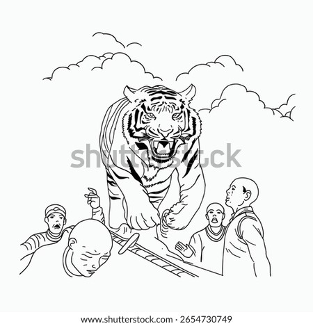black and white line. Roaring Tiger and Frightened Monks. Cartoon Style Illustration