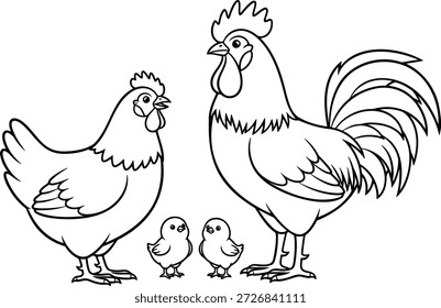 Línea en blanco y negro de un gallo, gallina y dos polluelos de pie junto a la granja de aves