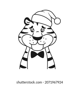 Black and white line sad striped tiger in Santa hat portrait isolated on white background. Cute unhappy wild cat coloring page. New Year symbol. Holiday upset animal character vector illustration.