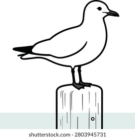 Black and white line of a seagull perched on a wooden piling