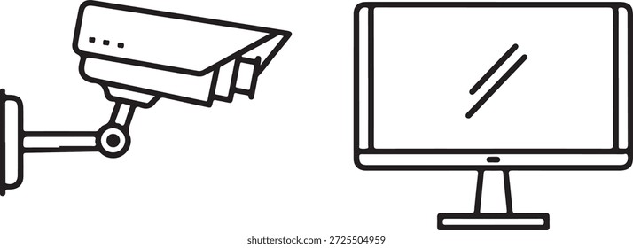 Línea en blanco y negro de cámara de seguridad y línea de monitor de computadora vigilancia en blanco y negro