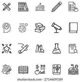 Conjunto de línea en blanco y negro de útiles educativos y escolares