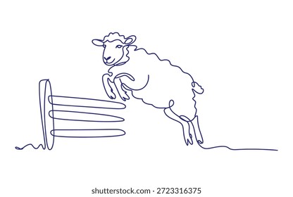 Una línea en blanco y negro de una oveja saltando sobre una línea de vallas animal en blanco y negro