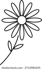 Línea blanca y negra de una flor de margarita simple con un tallo y dos hojas línea pétalos de margarita