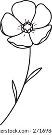 Línea blanca y negra de una sola flor con cinco pétalos y un tallo delgado con dos hojas en flor