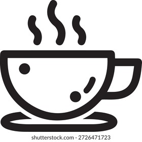 Línea blanca y negra de una taza humeante con una sonrisa sonriente de la línea de la cara de la taza