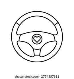 Black and white line of a steering wheel with a heart symbol line black and white