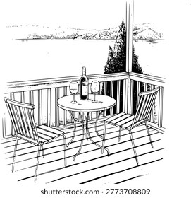 A black and white line a table set with a wine bottle and glasses a wooden deck, with a scenic lake and distant hills in the background.