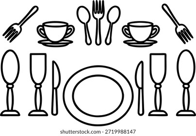 Línea en blanco y negro de vajilla y tenedor de cubiertos