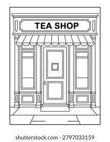 Black and white line of a tea shop storefront with awning and windows building architecture exterior coloring book page in white background
