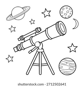 Black and white line of a telescope with celestial for astronomy learning stars planet