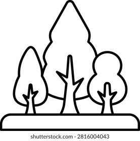 Black and white line of three distinct trees standing on a simple ground level base line forest