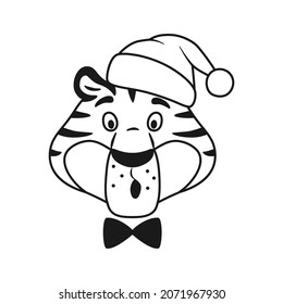Black and white line tiger astonished face. Outline surprised funny wild cat in Santa hat head isolated on white background. New Year striped character coloring page. Xmas holiday vector illustration.