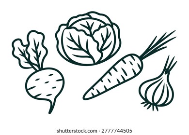 Black and white line of turnip cabbage carrot and onion vegetables line vegetables