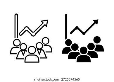 Black and white line of two groups of people with upward trending graphs above them line black and white