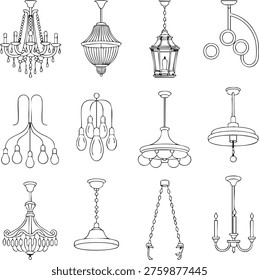 Black and white line of various chandeliers and lamps including ornate, industrial, vintage, and minimalist styles with detailed parts like chains, shades, arms, and bases. chandelier,......