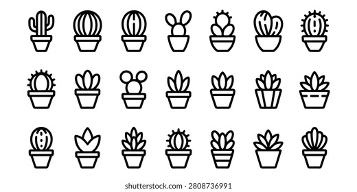 Black and white line of various potted cacti and succulents cactus potted plants in white background