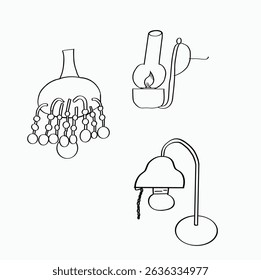 black and white line. various types of kerosene lamps, chandelier lamps, table lamps. Cartoon Style Illustration