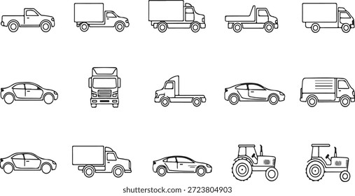 Linha preta e branca de vários veículos caminhões carros