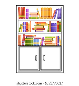 A black and white line vector bookcase with many books on its shelves. Home library. Love reading. Cute interior illustration. Cartoon contour furniture