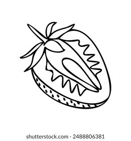 Black and white line vector illustration of a strawberry slice. Perfect for fruit-themed designs, summer graphics, print materials, and digital use. Easily customizable for various creative projects.