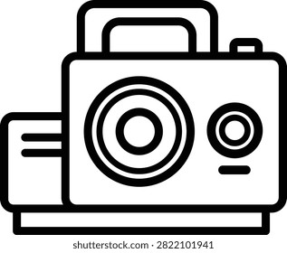 Black and white line of a vintage box camera with a handle and circular lens outline