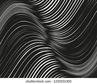 Black and white Line wavy pattern Optical art background. Wave design black and white. Digital image with a psychedelic stripes. Vector illustration  
