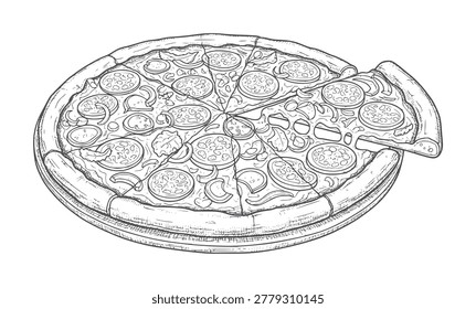 Black and white line of a whole pepperoni pizza with one slice removed food