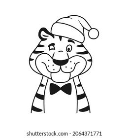 Black and white line winking tiger portrait isolated coloring page. Cartoon striped happy character in Santa hat. Adorable outline New Year symbol. Christmas holiday sketch wildcat vector illustration