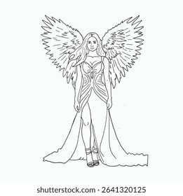 black and white line. Woman angel with wings, spreading its wings. Her hair fluttering hair, she spreads her arms to the sides. Cartoon Style Illustration