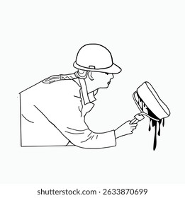 black and white line. woman is painting a wall. Renovation and decoration of room. Cartoon Style Illustration
