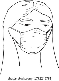 Black and white line work hand drawn head of a woman wearing a mask to protect herself from covid 19.
