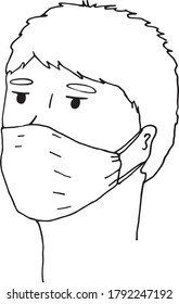 Black and white line work hand drawn head of a man wearing a mask to protect herself from covid 19.
