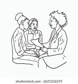 black and white line. young woman and her mother are consulting a female doctor. Cartoon Style Illustration