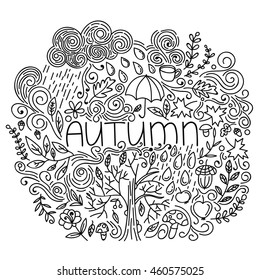 Black and white linear autumn seasonal postcard. Thin line doodle fall card with word autumn, floral element, rain,cloud,tree fall, branches and leaves, acorn, umbrella, mushrooms.Vector illustration.