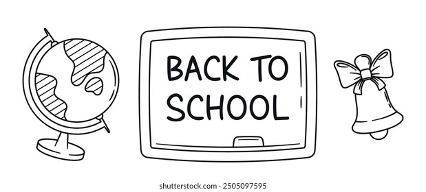 Black And White Linear Back To School Illustration Featuring A Globe, Blackboard With Back To School Text, And Bell