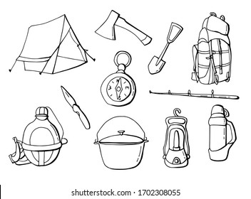 Black and white linear camping set. Tent, flask, thermos, compass, cauldron, lantern, backpack, ax, knife, fishing rod, shovel. Stock Illustration. White background, isolate. Line art. 
