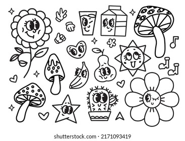 Black and white linear coloring page. Funny retro cartoon characters. Vector illustration of flower, mushroom, heart, sun and cactus. Set of comic elements in trendy old cartoon style.