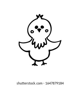 Pollo de doodle lineal blanco y negro. Dibujo hecho a mano para el diseño de postales, pancartas, habitaciones para niños.