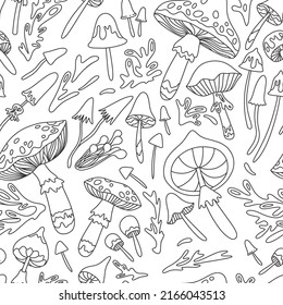 Black and white linear drawing background with mushrooms in retro style, 60s, 70s. Doodle illustration of mushrooms, fly agarics and toadstools seamless pattern.