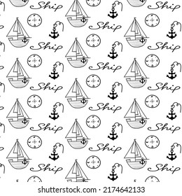 Black and white linear drawing background with ships  Doodle illustration of the nautilus, fly agarics and toadstools seamless pattern.