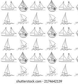 Black and white linear drawing background with ships in retro style, 60s, 70s. Doodle illustration of nautilus, fly agarics and toadstools seamless pattern.