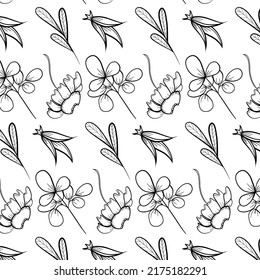 Black and white linear drawing background with flowers. Doodle illustration of flowers, fly agarics and toadstools seamless pattern.