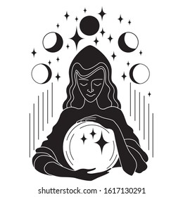 black and white linear drawing on a magical theme. the sorceress holds a magic ball, above it the stars and the moon in different phases.vector illustration. EPS 10.