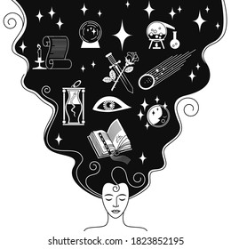 black and white linear drawing on a magic theme. a young woman dreams of mystical signs. stock vector illustration. EPS 10.