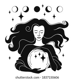 black and white linear drawing on the theme of divination, witchcraft and magic. a witch with flowing hair holds a magic ball. stock vector illustration. EPS 10.