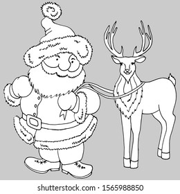 black and white linear drawing, santa claus and deer, isolate on a white background