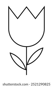 Desenho linear preto e branco de uma flor de tulipa sobre um fundo branco. Ideal para temas de natureza, jardinagem, botânica, minimalismo e decoração moderna. Estilo limpo e simples.