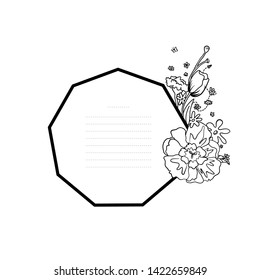 black and white Linear flower and octagonal frame - Illustration