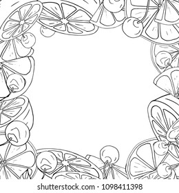 black and white linear frame whith fruits
